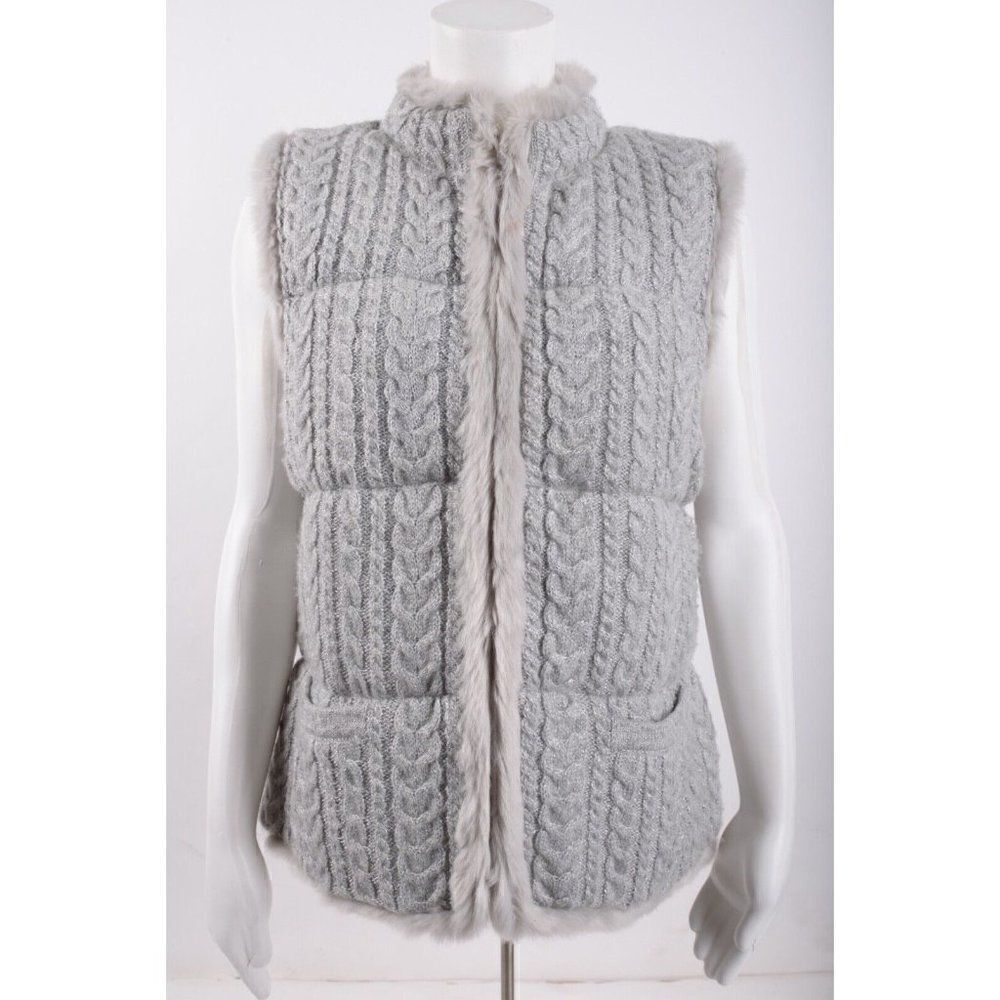 Talbots Womens Gray Metallic Sweater Vest Cable Knit Faux Fur Trim M Medium